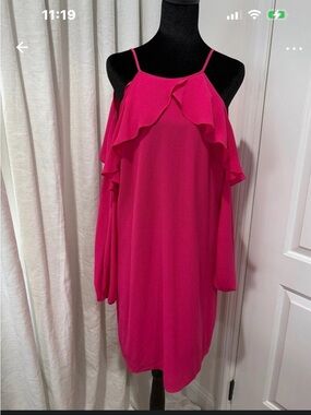 Michael Kors Hot Pink Ruffle Cold-Shoulder Midi Dress